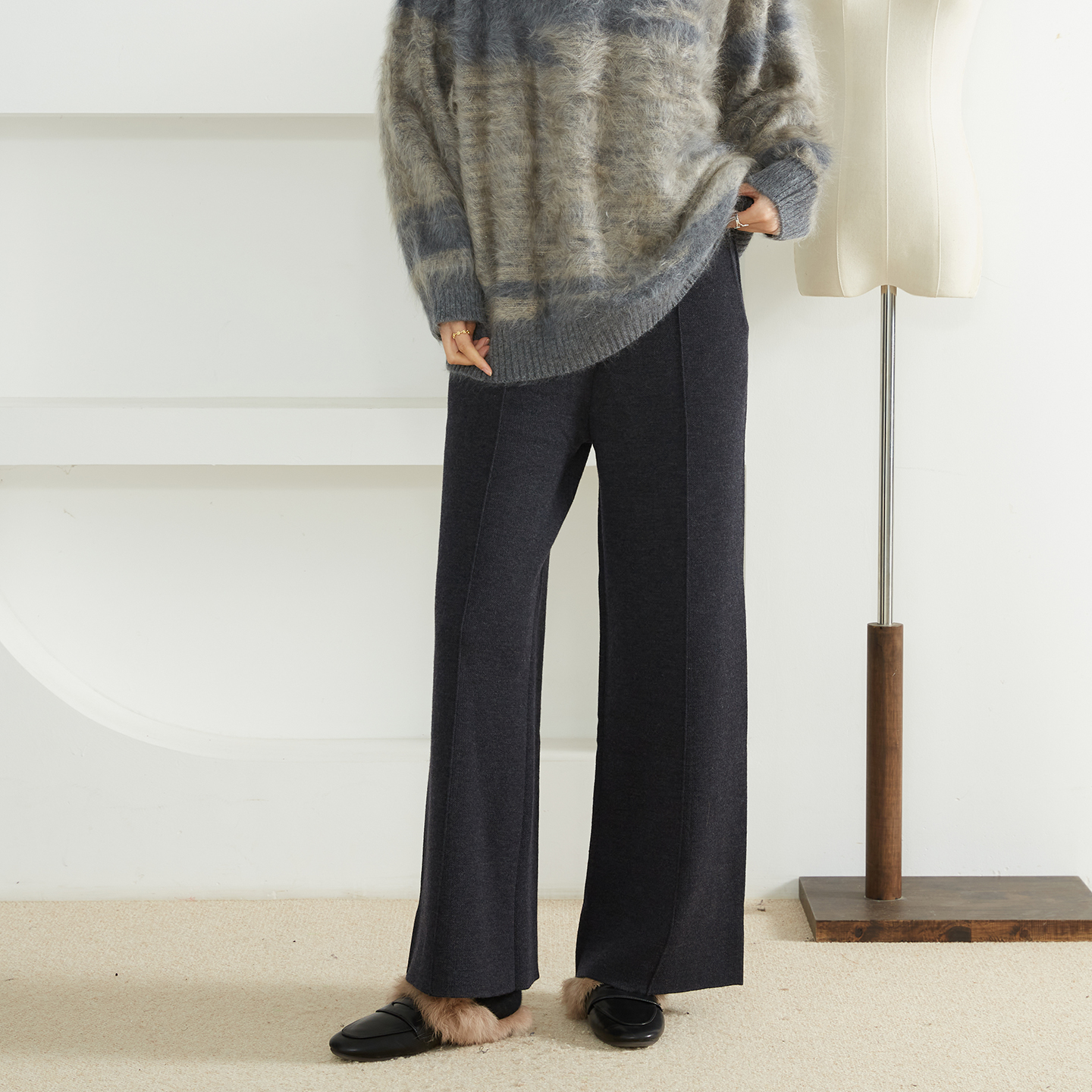 一丝牵羊毛羊绒针织长裤阔腿裤女垂感系带松紧腰显瘦休闲裤加厚冬