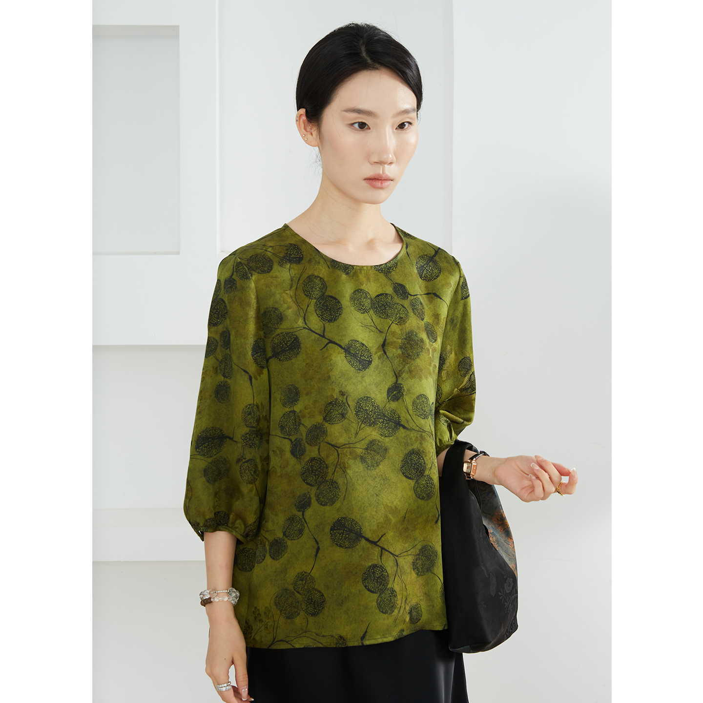 高定 100%桑蚕丝香云纱花萝红云纱真丝圆领宽松上衣灯笼袖小衫秋