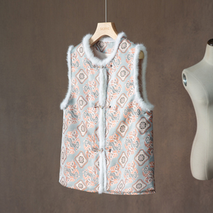 SILVIYE溯也 填充100%桑蚕丝国风醒狮宋锦提花水貂毛真丝马甲棉服