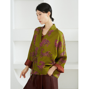 特惠 V领宽松外套春 100%桑蚕丝花萝红云纱国风提花香云纱真丝开衫