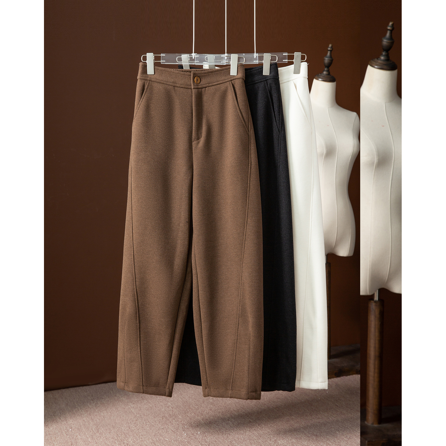 高定 醋酸绵羊毛亲肤软糯秋冬休闲镰刀裤女高腰显瘦加厚毛呢裤子