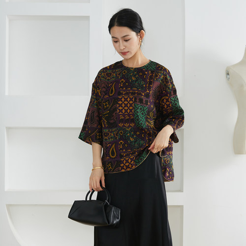 一丝牵 前短后长真丝花萝香云纱圆领七分袖上衣女100%桑蚕丝宽松