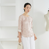 国风刺绣拼接袖 口 真丝提花圆领中袖 一丝牵 T恤上衣桑蚕丝新中式