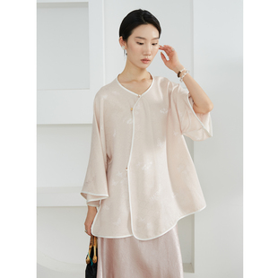 一丝牵 上衣女新中式 V领宽松显瘦小衫 100%桑蚕丝金线提花真丝长袖