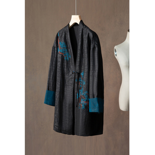 一粒扣外套女国风春 高定100%桑蚕丝重工刺绣龟裂纹香云纱真丝长款