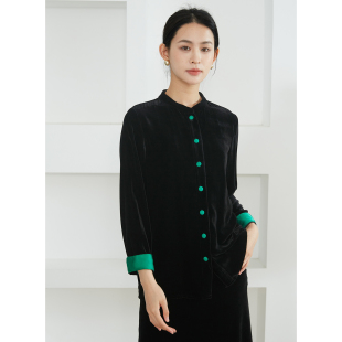 桑蚕丝新中式 撞色国风宽松开衫 上衣 真丝丝绒外套复古挽袖 一丝牵