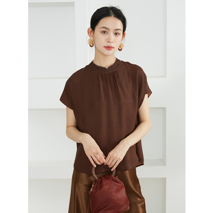 现货 真丝香云纱绞罗短袖T恤上衣100%桑蚕丝提花立领宽松连肩袖夏