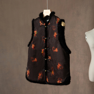 一丝牵填充100%桑蚕丝国风香云纱水貂毛真丝棉服马甲新中式外套女