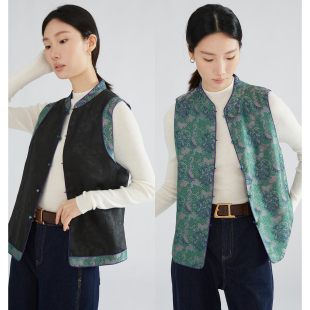 一丝牵双面穿香云纱龟裂纹真丝宋锦马甲新中式 立领马夹100%桑蚕丝