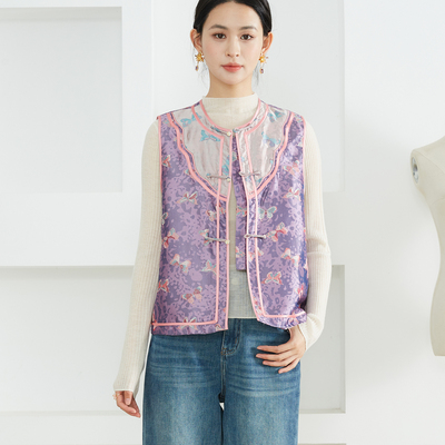 一丝牵100%桑蚕丝国风非遗蜀锦紫蝴蝶提花真丝马甲女新中式坎肩秋