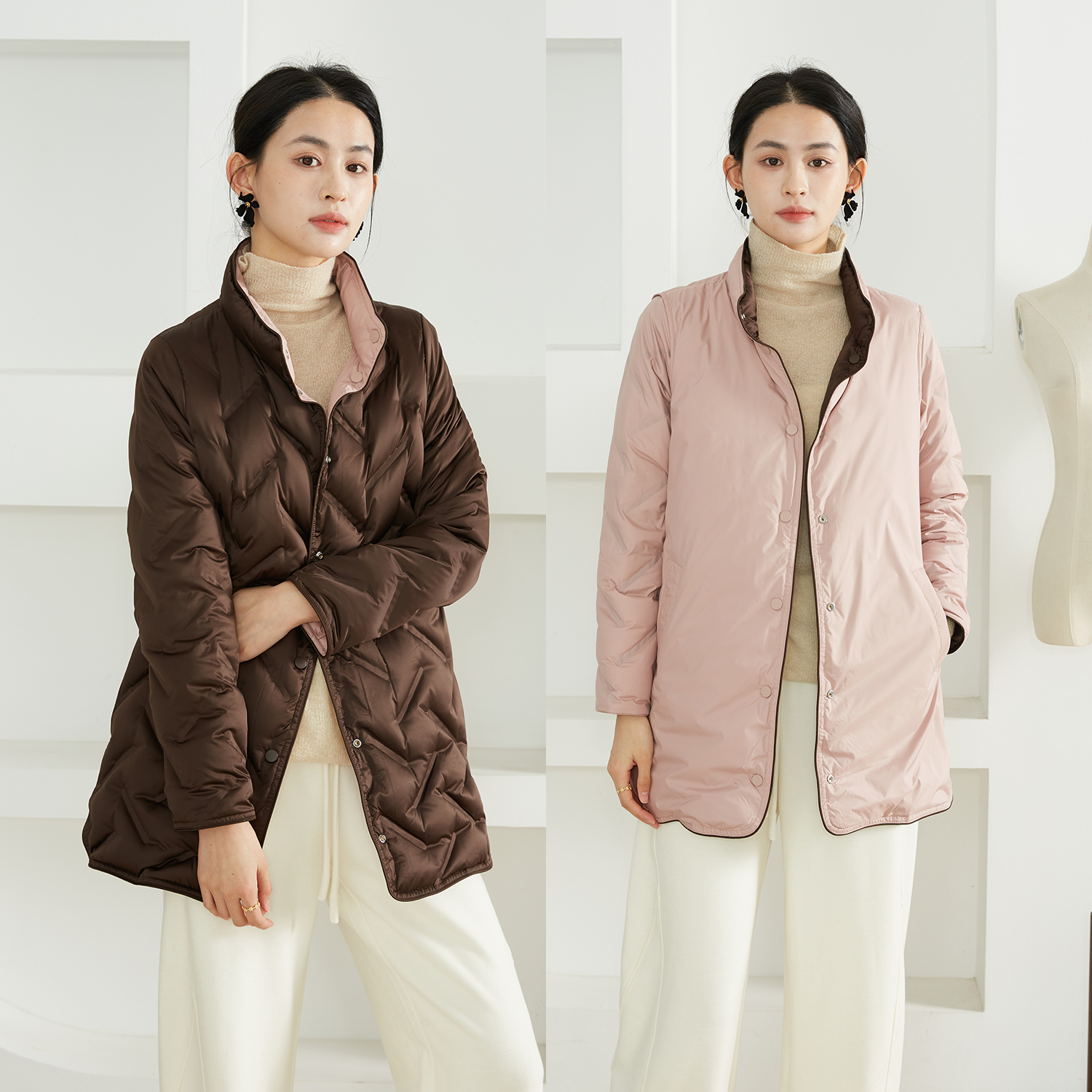 一丝牵双面穿波兰进口科鲁达95白鹅绒立领轻薄压胶羽绒服鹅绒服冬