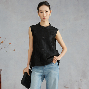 SILVIYE溯也 上衣女背心 100%桑蚕丝龟裂纹香云纱亮片刺绣真丝无袖