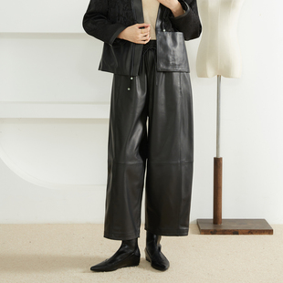 高腰显瘦休闲九分裤 一丝牵100%绵羊皮真皮皮裤 女松紧腰弯刀阔腿裤