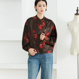 一丝牵多子多福100%桑蚕丝香云纱真丝立领衬衫 上衣春 女宽松蝙蝠袖