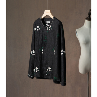 圆领开衫 外套 100%桑蚕丝国风熊猫刺绣香云纱龟纹真丝新中式 高定