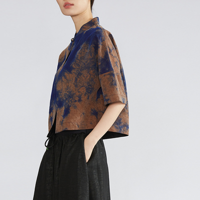 一丝牵 双面穿 桑蚕丝香云纱龟裂纹扎染开衫真丝茶服中式国风外套