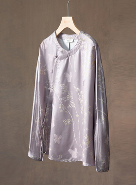 一丝牵新中式真丝提花桑波缎上衣女桑蚕丝斜门襟系带国风圆领上衣