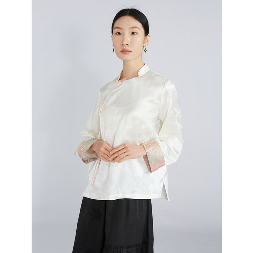 高定 重磅35姆米桑蚕丝宋锦国风上衣女真丝冠乐绉长袖衬衣小衫秋