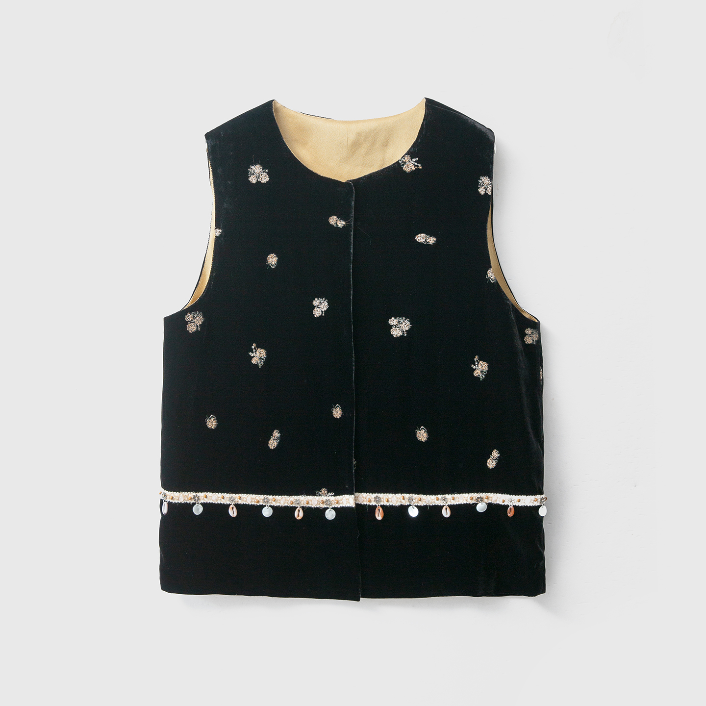 一丝牵100%桑蚕丝底布重工刺绣真丝丝绒马甲女新中式圆领坎肩背心