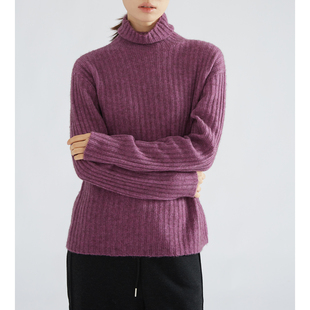 一丝牵 冬 软黄金牦牛绒绵羊毛花纱高领毛衣女坑条宽松保暖羊毛衫