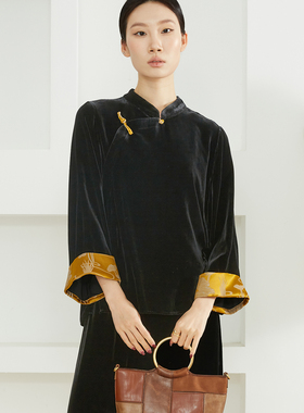 SILVIYE溯也国风撞色斜门襟盘扣丝绒真丝立领上衣桑蚕丝新中式春