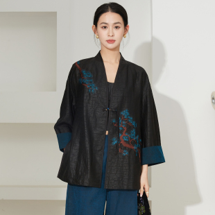 SILVIYE溯也 一粒扣外套 100%桑蚕丝重工刺绣龟裂纹香云纱真丝长款