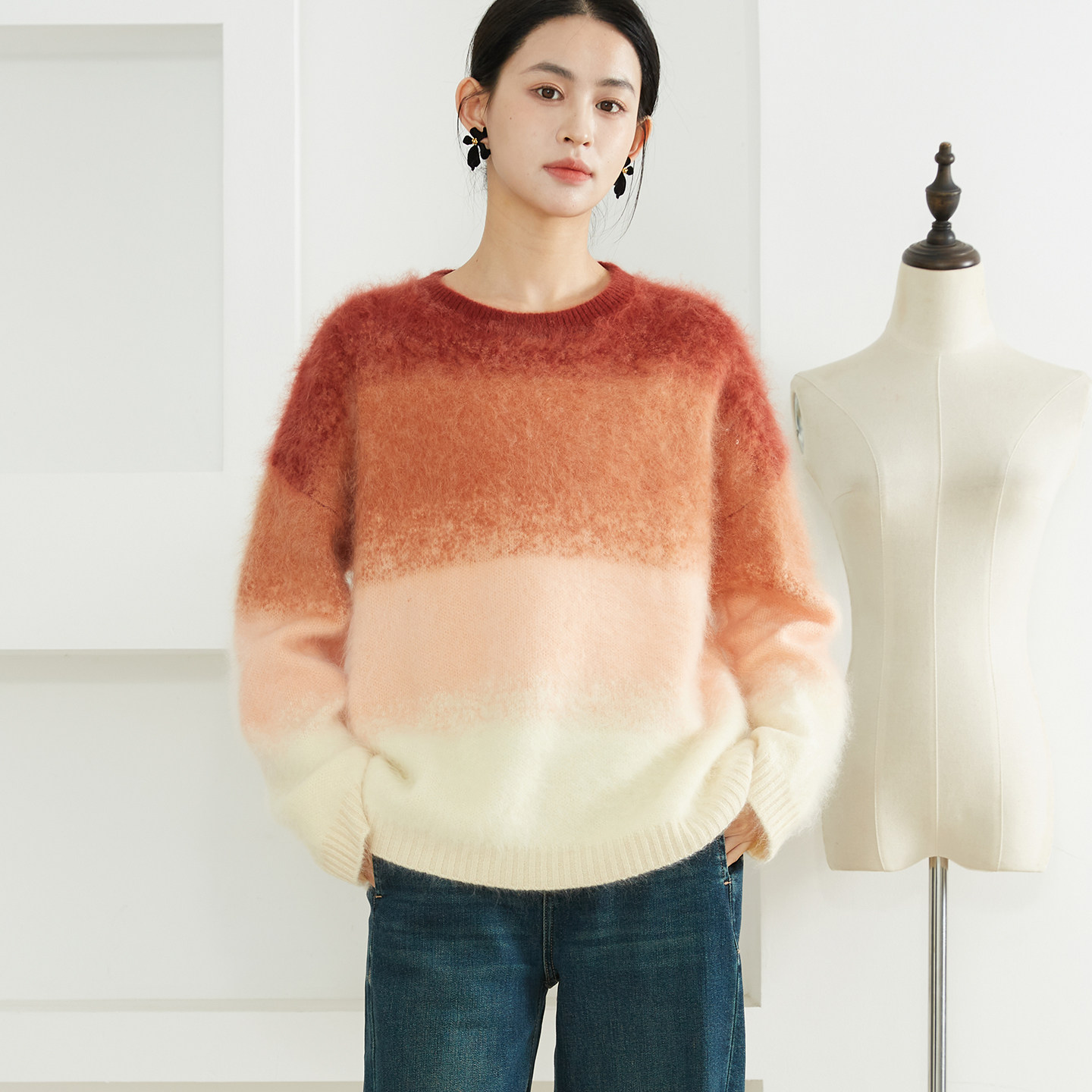 一丝牵晕染花纱100%山羊绒渐变色羊绒衫女宽松拉绒拉毛针织衫毛衣