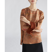 一丝牵 上衣女100桑蚕丝缎面新中式 宫廷富贵山水 红云纱真丝长袖