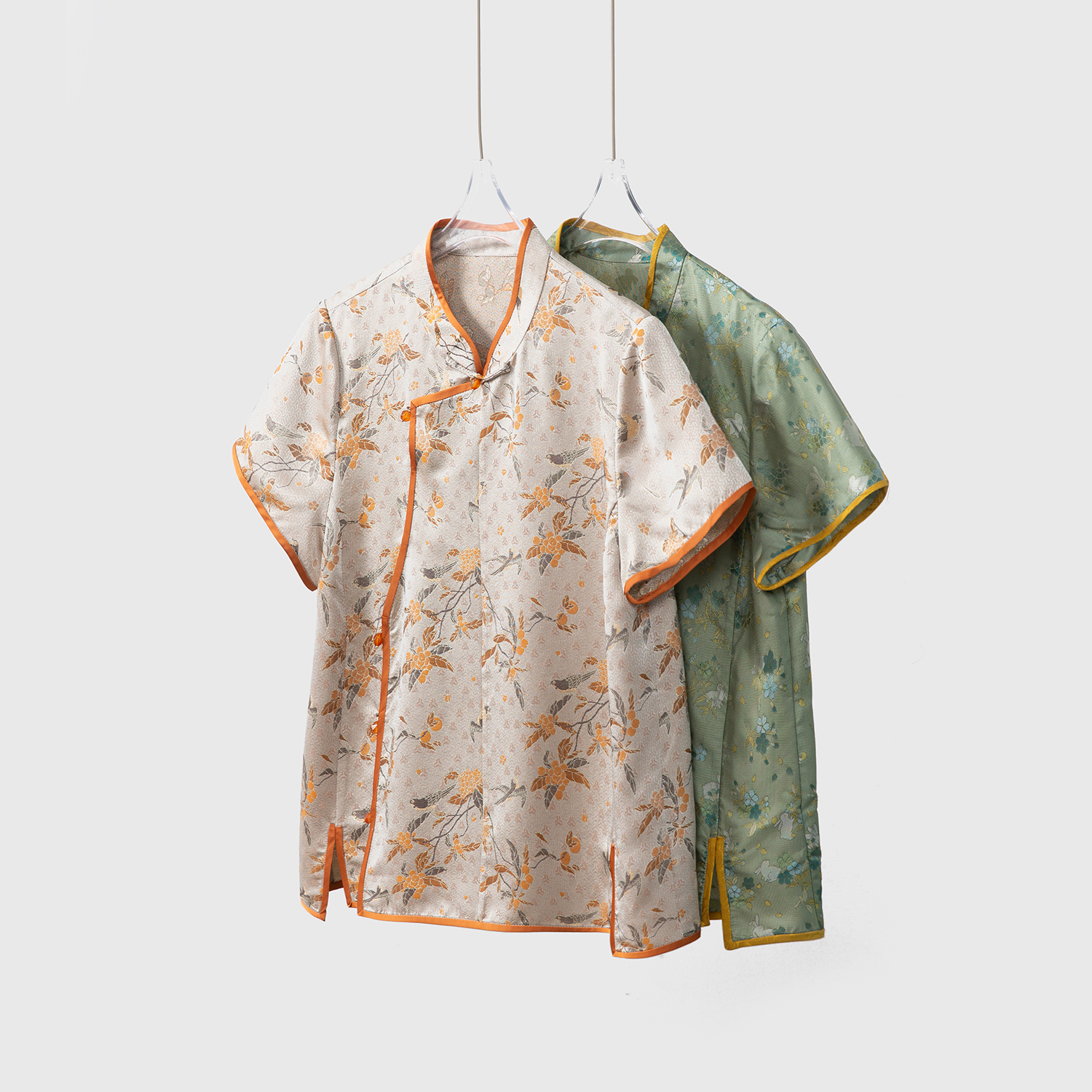 一丝牵 轻奢异色萝撞色镶边真丝上衣100%桑蚕丝提花斜门襟短袖T恤