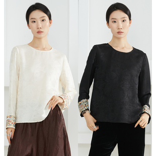 上衣圆领小衫 SILVIYE溯也 100%桑蚕丝国风刺绣提花花萝真丝新中式