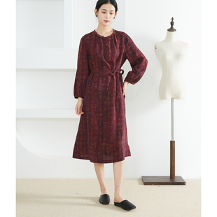 裙子春 一丝牵双面穿100%桑蚕丝香云纱提花真丝连衣裙圆领收腰长袖