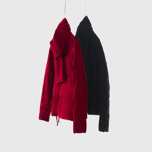 一丝牵 带围巾90白鸭绒羽绒服新中式短外套V领盘扣棉衣国风加厚冬