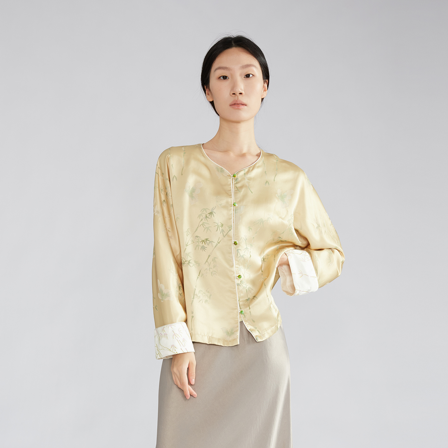 一丝牵32姆米重磅真丝上衣女新中式国风桑蚕丝长袖提花开衫外套秋