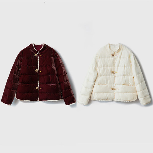 SILVIYE花边立领丝绒90白鸭绒羽绒服新中式宽松国风盘扣保暖外套