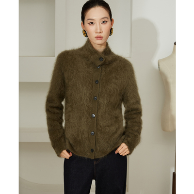 高定 超400G100%纯山羊绒拉绒无缝一体小皮草毛衣半高领针织开衫