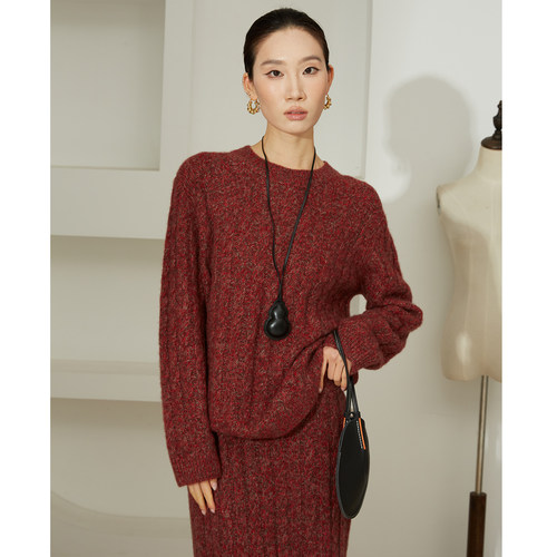 高定 26支双股9针麻针织套装丝羊毛绞花毛衣两件套针织衫半裙套装