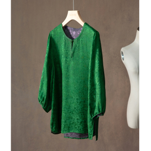 SILVIYE溯也 国风上衣女 双面穿100%桑蚕丝全罗绞萝真丝圆领七分袖