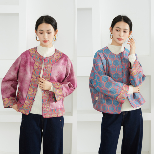 一丝牵双面穿100%桑蚕丝印花真丝宽松圆领开衫 珍珠扣 外套新中式