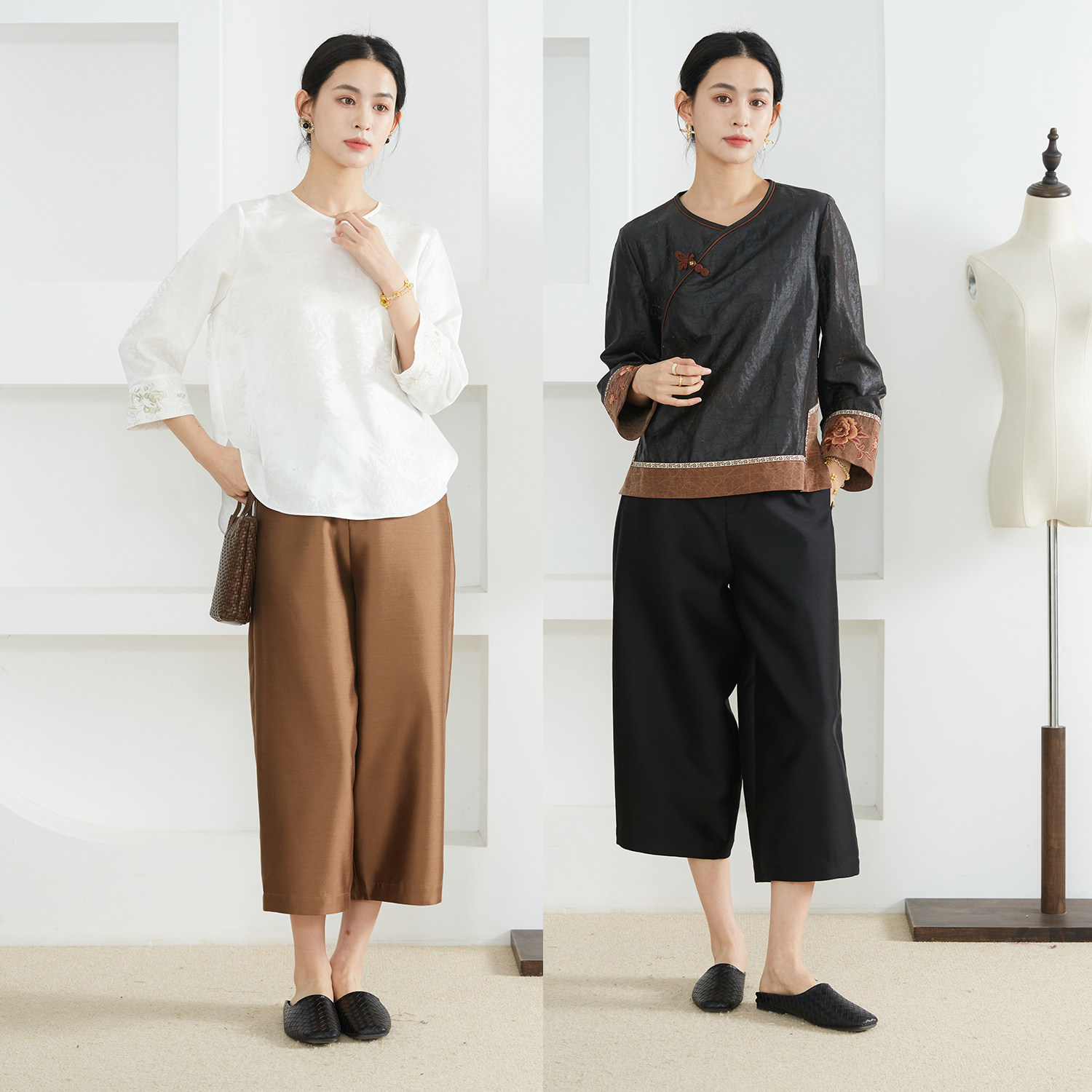 一丝牵 挺阔有光泽 丝毛阔腿裤桑蚕丝羊毛休闲弯刀裤西装腰半松紧