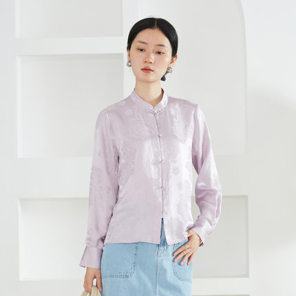 一丝牵真丝花萝新中式衬衫女100%桑蚕丝提花立领国风盘扣长袖上衣