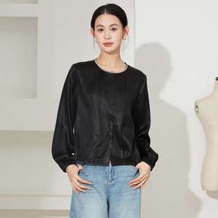 SILVIYE溯也 上衣女镶砖桑蚕丝缎面外套春 真丝香云纱黑色圆领衬衫