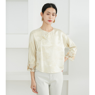 上衣桑蚕丝灯笼袖 一丝牵 金线提花新中式 真丝长袖 春 宽松显瘦小衫