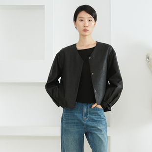 SILVIYE 外套V领宽松短外套100%桑蚕丝 真丝香云纱龟裂纹阔型时尚