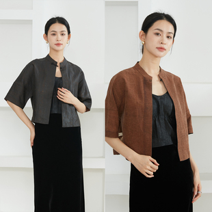 一丝牵 女100%短外套国风上衣春 双面穿龟裂纹香云纱真丝茶服开衫
