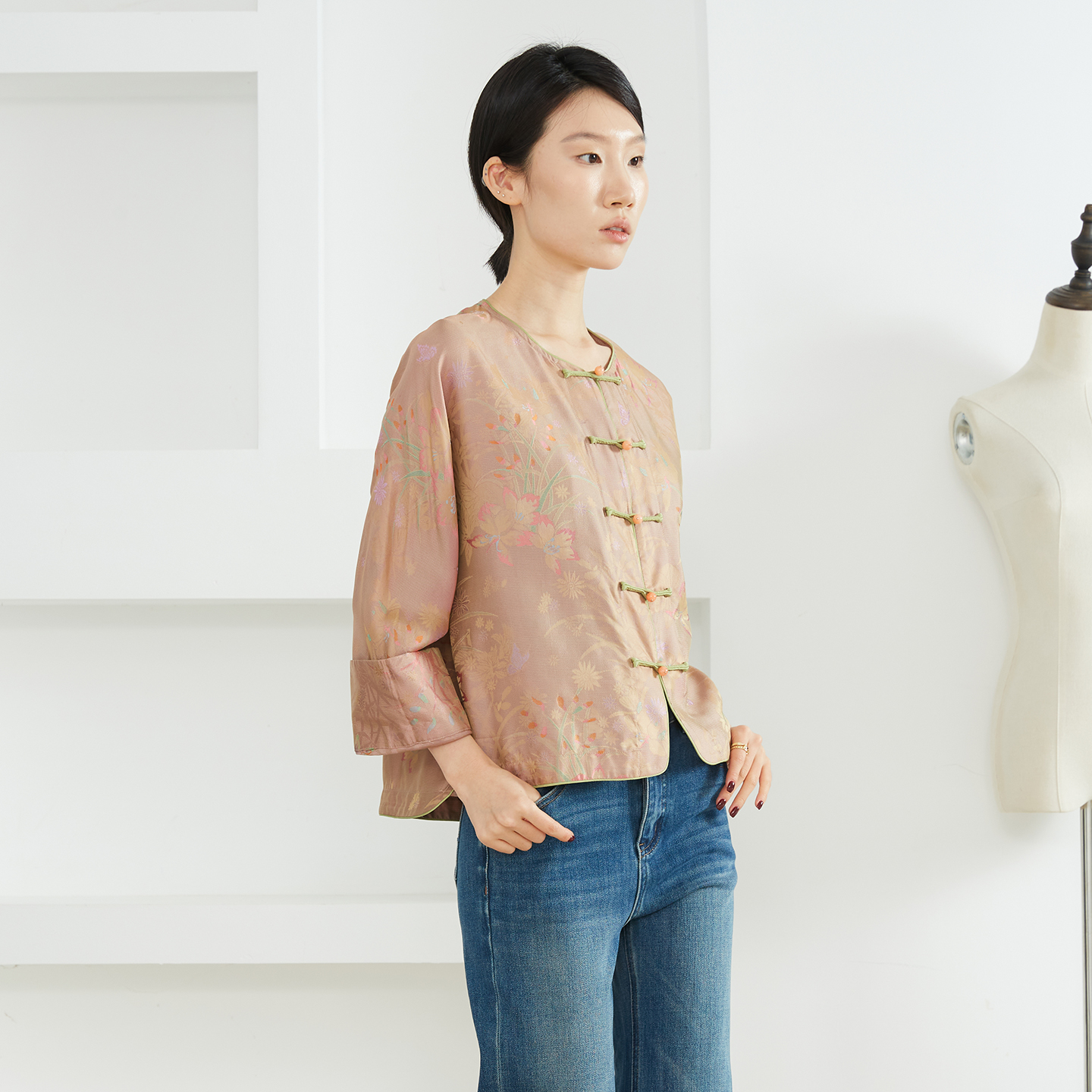 高定 100%桑蚕丝双面穿异色罗真丝圆领长袖开衫外套蝙蝠袖上衣秋