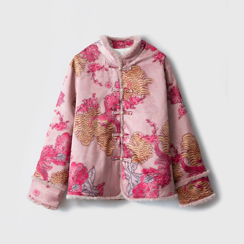 SILVIYE国风水貂毛90白鸭绒羽绒服粉色凤凰花刺绣新中式立领外套