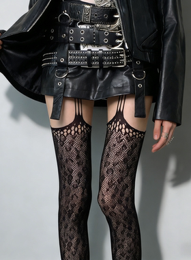 网红辣妹豹纹黑丝高筒袜美腿情调火辣欧美复古性感丝袜一体吊带袜