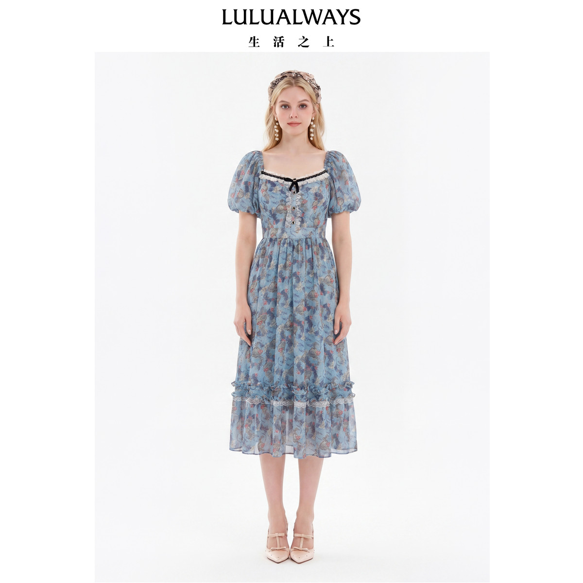 LULUALWAYS我爱露露26夏季新款法式甜美花卉方领泡泡袖雪纺连衣裙