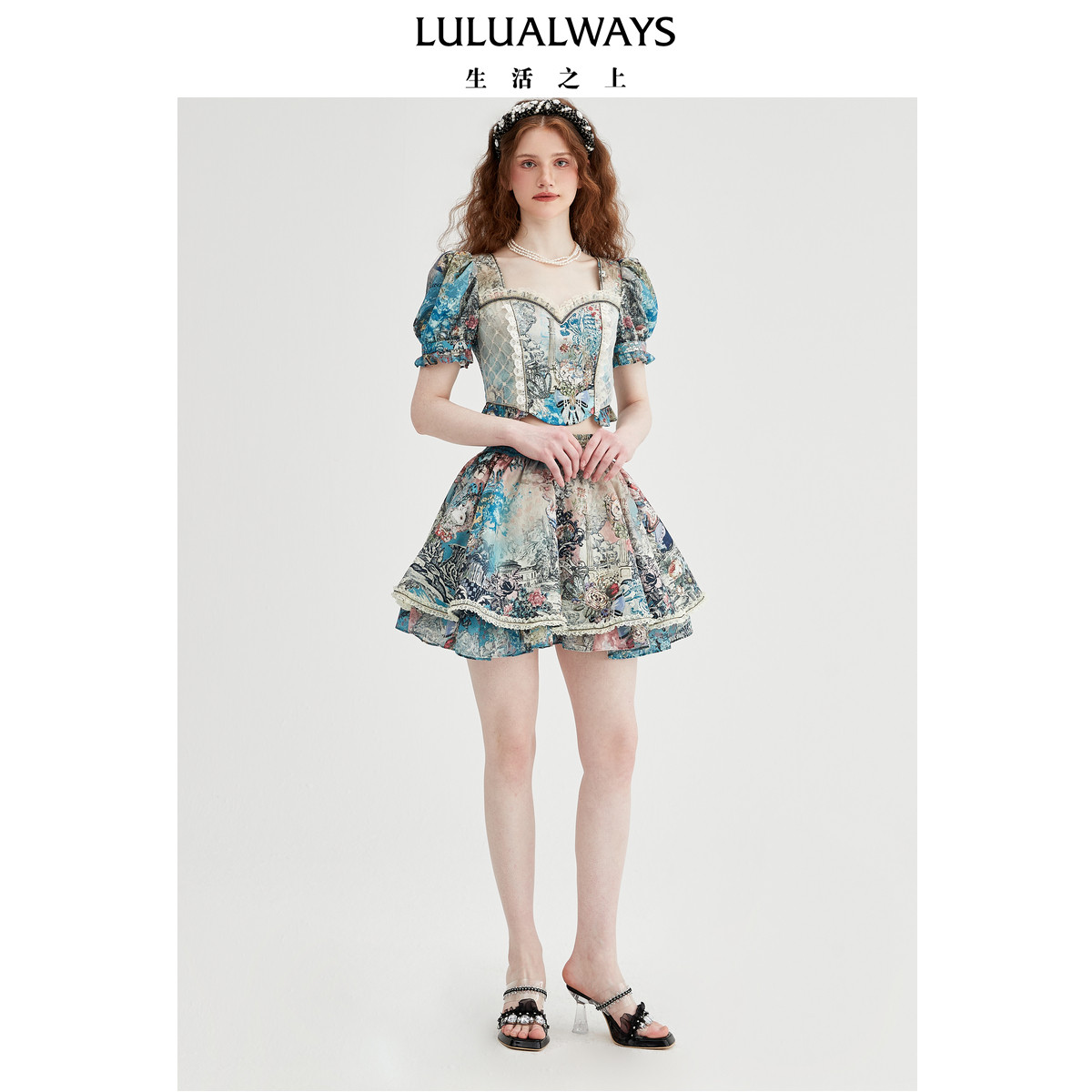 LULUALWAYS【商场同款】复古优雅印花方领艺术设计上衣