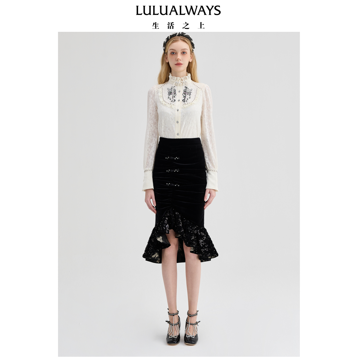 LULUALWAYS【商场同款】冬季新款百搭通勤甜美蕾丝木耳边衬衫女